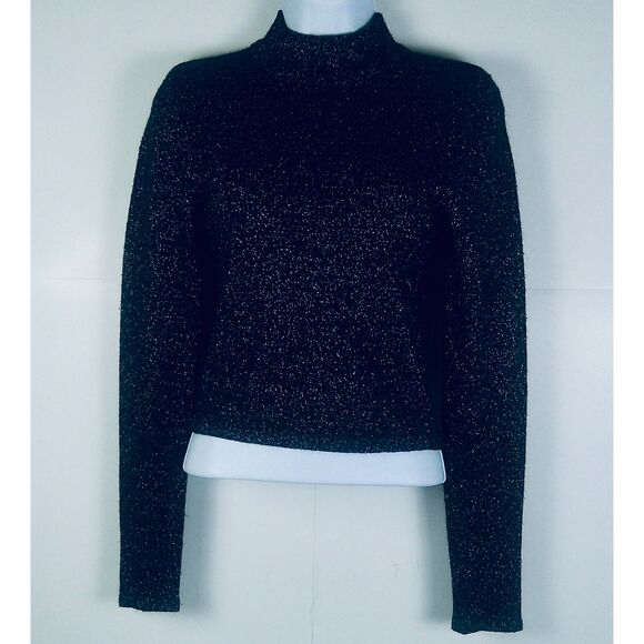 FOREVER 21 WOMENS BLACK & SILVER METALLIC LONG SLEEVE CROP TOP. SIZE XS - Picture 5 of 5